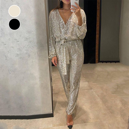 ✨Neu eingetroffen✨Glitzernde Damen Jumpsuits mit V-Ausschnitt und Gürtel