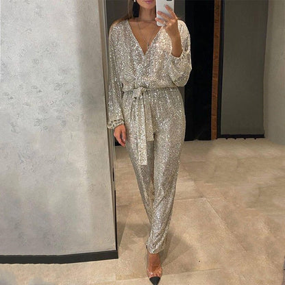 ✨Neu eingetroffen✨Glitzernde Damen Jumpsuits mit V-Ausschnitt und Gürtel